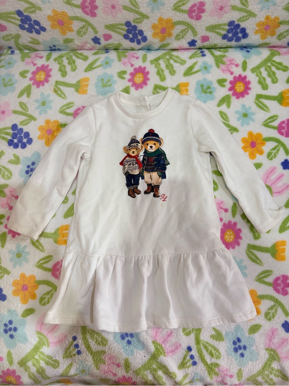 Ralph Lauren White Infant Dress with Bear Appliqué